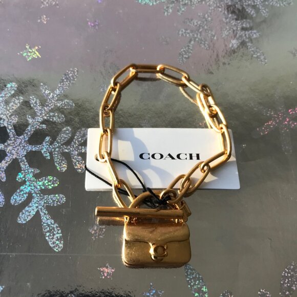 COACH MINI TABBY HANDBAG CHARM Matte Gold Tone Brass  Chain Bracelet  NWT - Picture 5 of 9